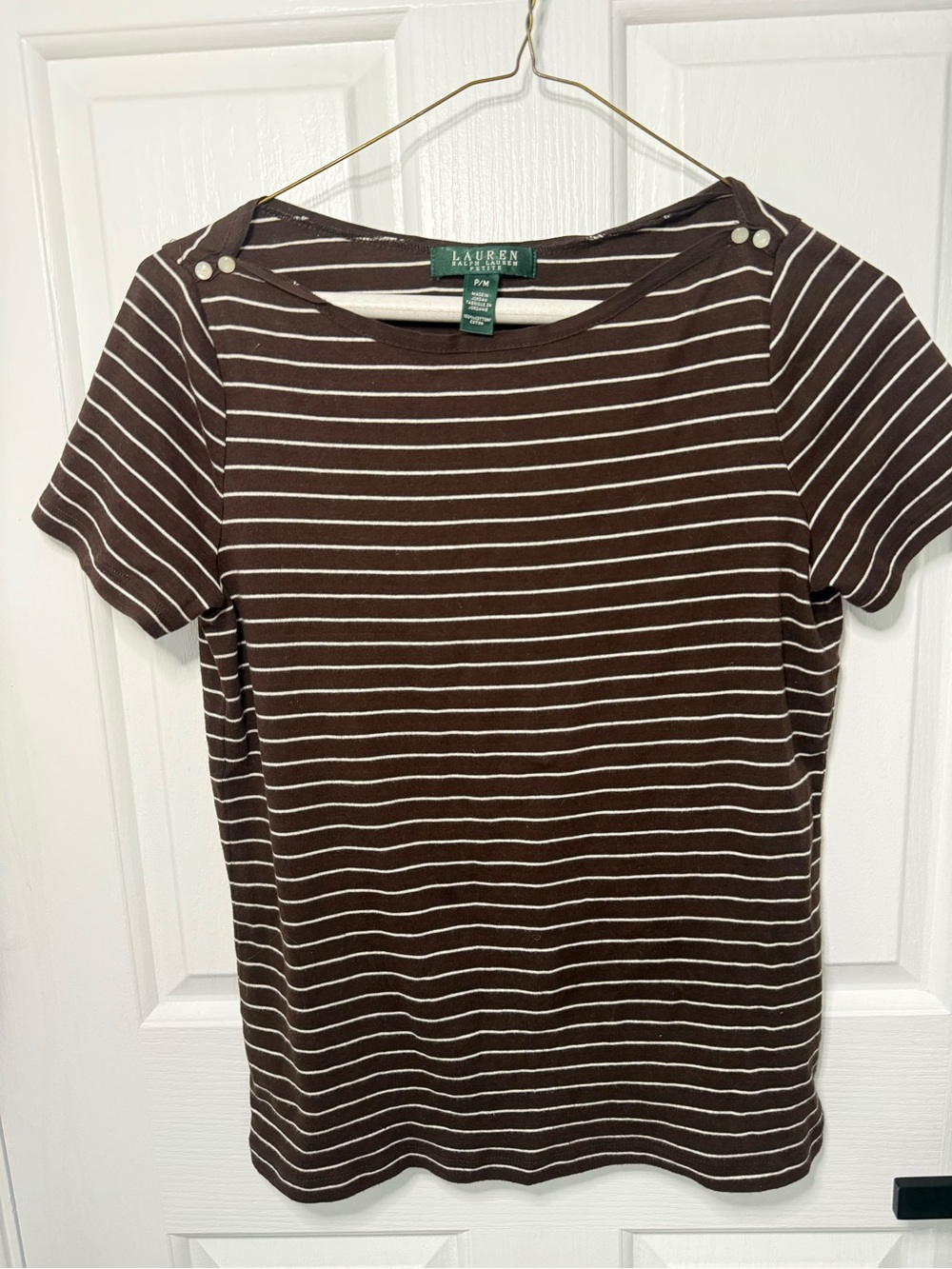 Lauren Ralph Lauren Brown and White Striped Short Sleeve Top with Button Detail